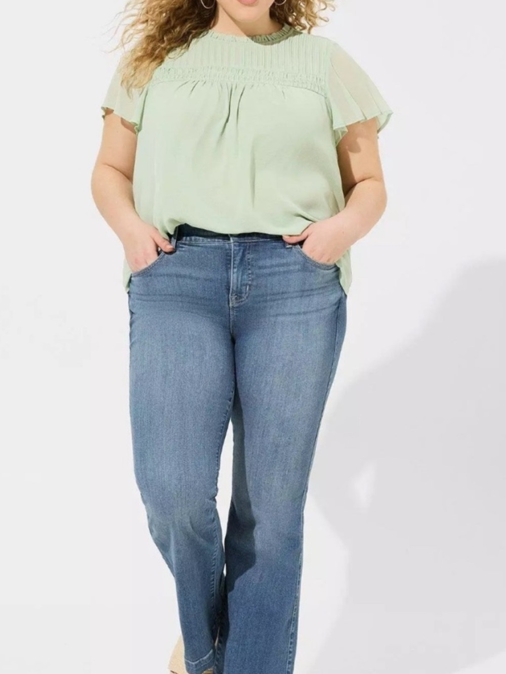 Torrid Light Green Smocked Chiffon Short Sleeve Top